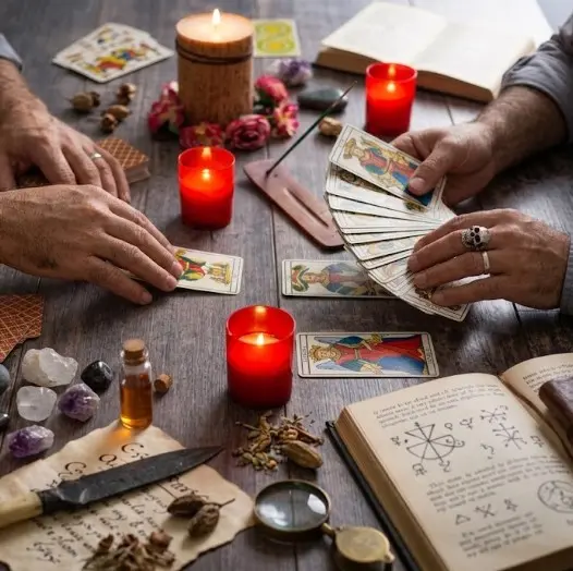 Manos de maestro esotérico realizando ritual de amarre de amor con muñecos atados e hilo rojo en Armenia Quindío