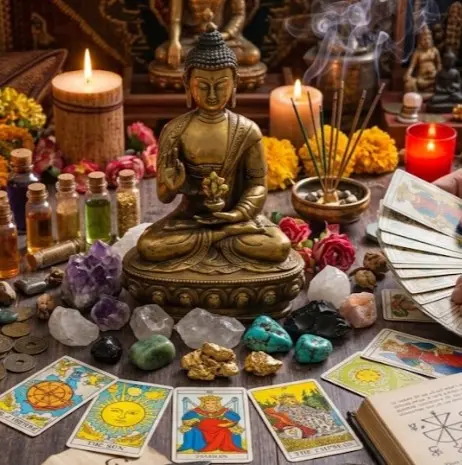 Altar esotérico con Buda de abundancia, cartas de tarot de Marsella, velas y cristales para amarres de amor y hechizos en Armenia Quindío